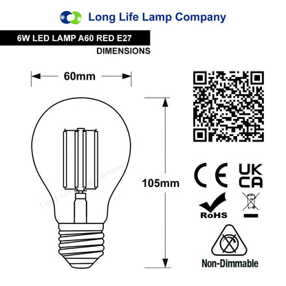 6W LED RED Light Bulb E27 Screw Cap Glass A60 - Energy Light Bulbs - Free delivery on all orders