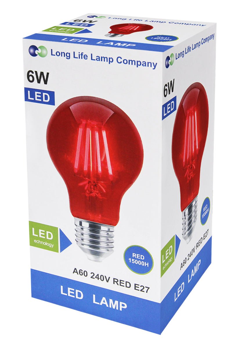 6W LED RED Light Bulb E27 Screw Cap Glass A60 - Energy Light Bulbs - Free delivery on all orders