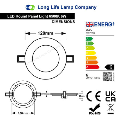 6w LED Round Recessed Ceiling Panel Ultra slim 6500K - Energy Light Bulbs - Free delivery on all orders
