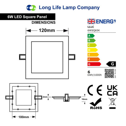 6w LED Square Recessed Ceiling Panel Cool White 6500k - Free delivery on all orders