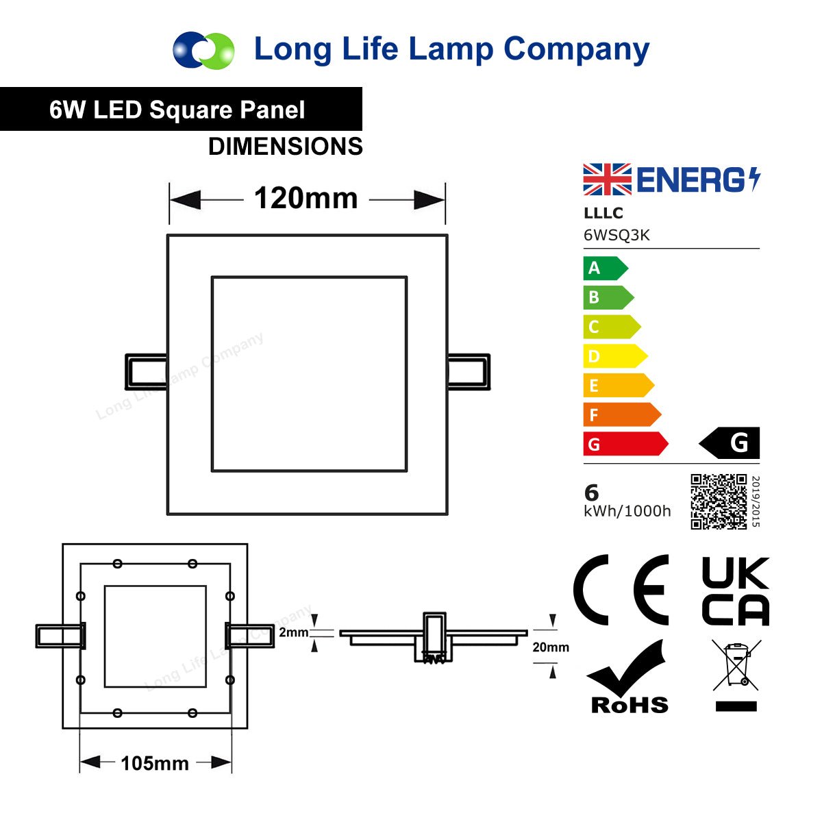6w LED Square Recessed Ceiling Panel Warm White 3000K - Free delivery on all orders