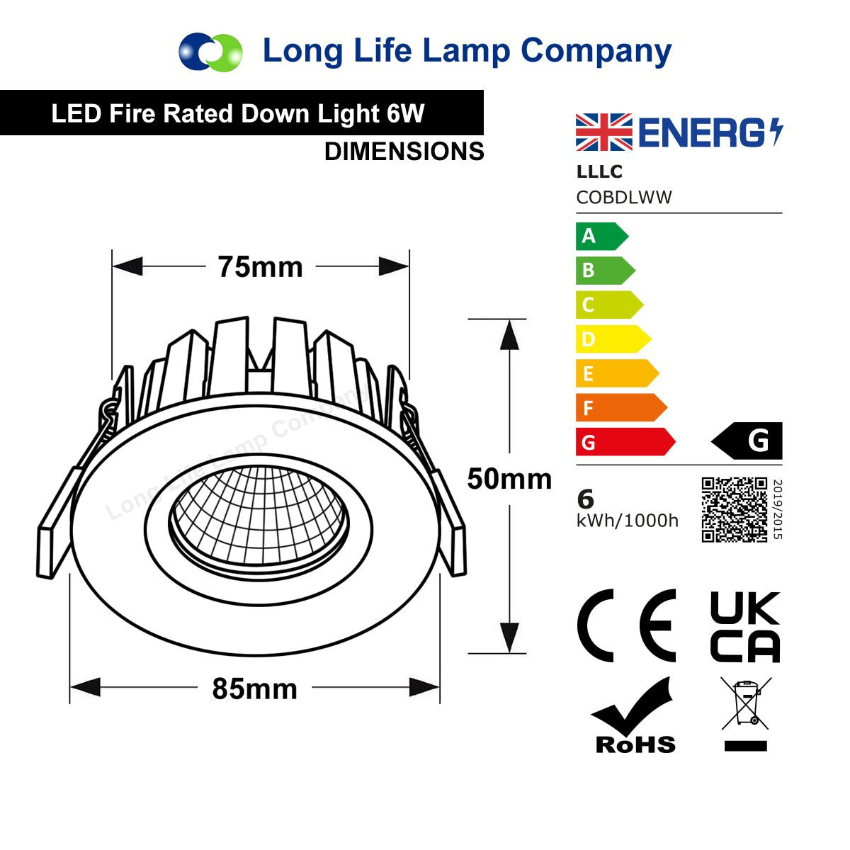 6w Modern LED Recessed Fire Rated Ceiling Down Light IP65 Warm White 3000k - Free delivery on all orders