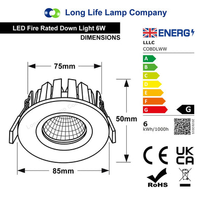 6w Modern LED Recessed Fire Rated Ceiling Down Light IP65 Warm White 3000k - Free delivery on all orders