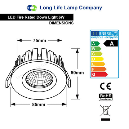 6w Modern LED Recessed Fire Rated Ceiling Down Light IP65 Warm White 3000k - Energy Light Bulbs - Free delivery on all orders