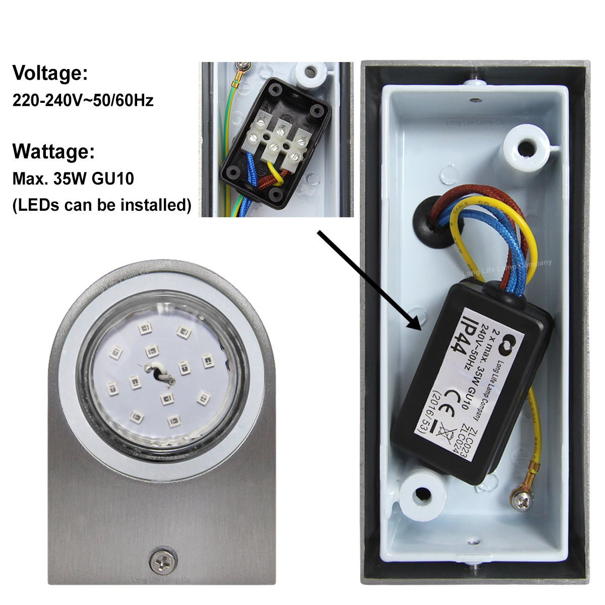 6w Red,Green, Blue Coloured Stainled Steel Wall Light - Energy Light Bulbs - Free delivery on all orders