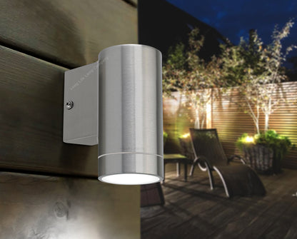 IP65 stainless steel outdoor wall light with GU10 LED available in Warm White or Cool White lighting