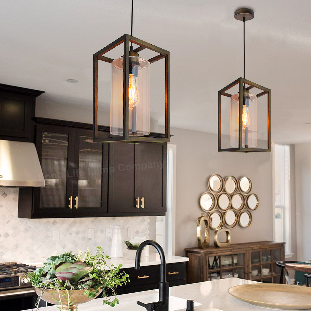 E27 Antique Brass Box Lantern Pendant Light 60W Clear Glass