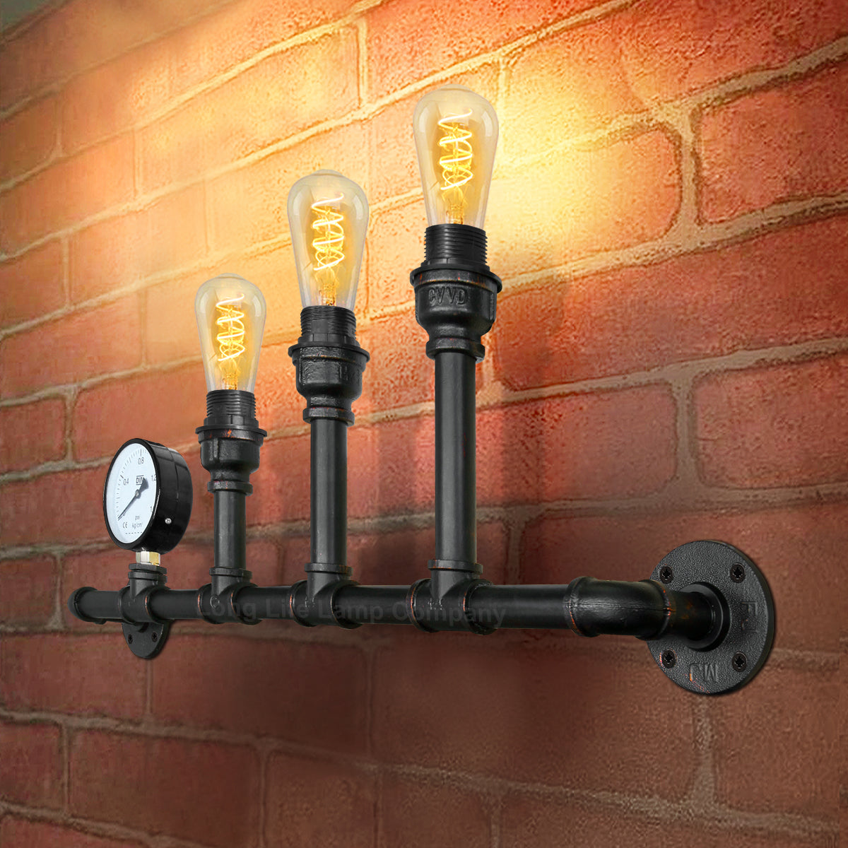 Vintage 3 Light Industrial Water Pipe Wall Lamp with Gauge - Free delivery on all orders