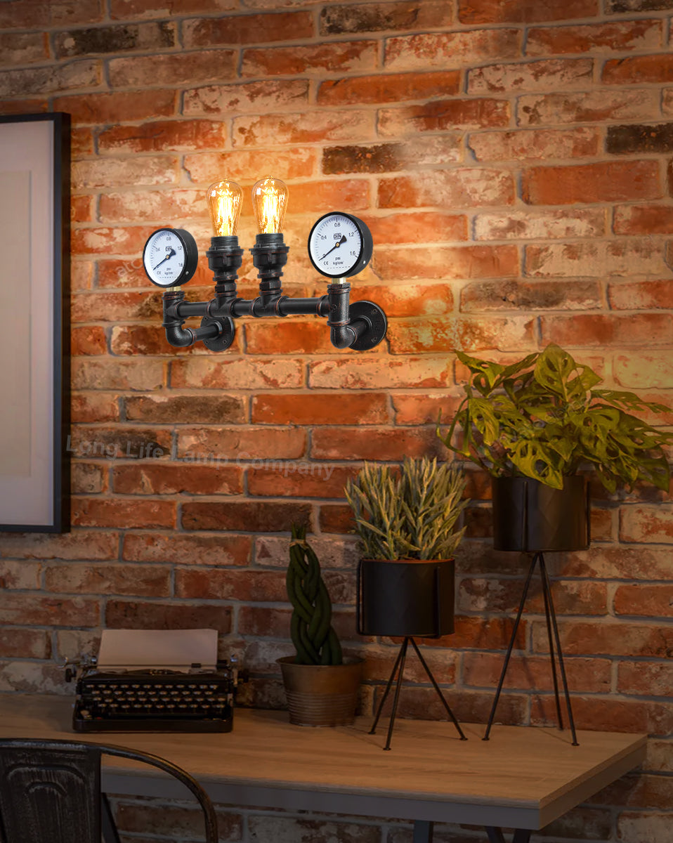 Vintage Industrial Pipe Wall Light with Twin Guage M0188P