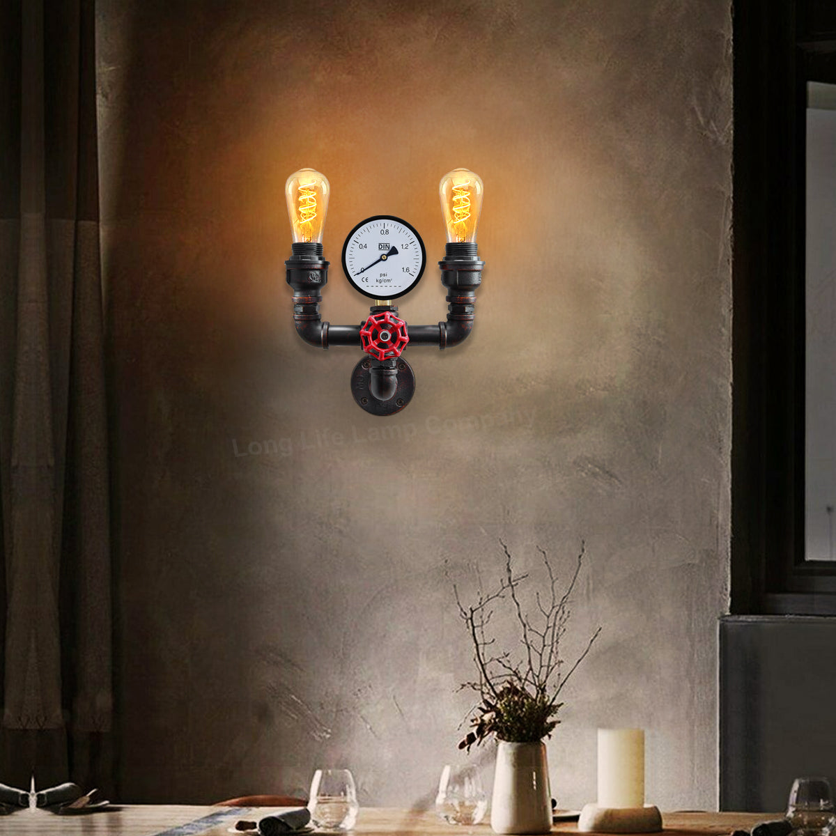 Twin Vintage Industrial Pipe Wall Light with Gauge Valve Tap M0190P - Free delivery on all orders