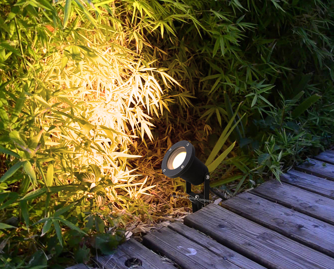 Black aluminium garden spike lights providing accent lighting for trees and flower beds