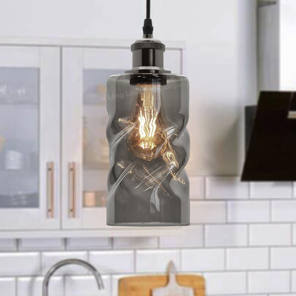 Vintage Smoked Grey Twisted Cylinder Glass Ceiling Pendant Lamp M0242
