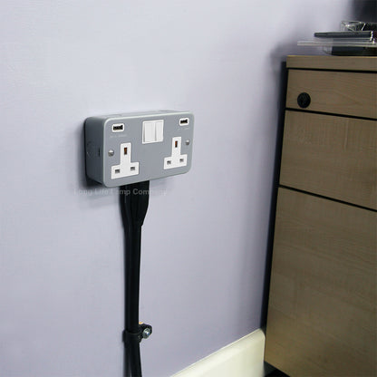 13A Metal Clad 2 Gang Socket with Dual USB Charger