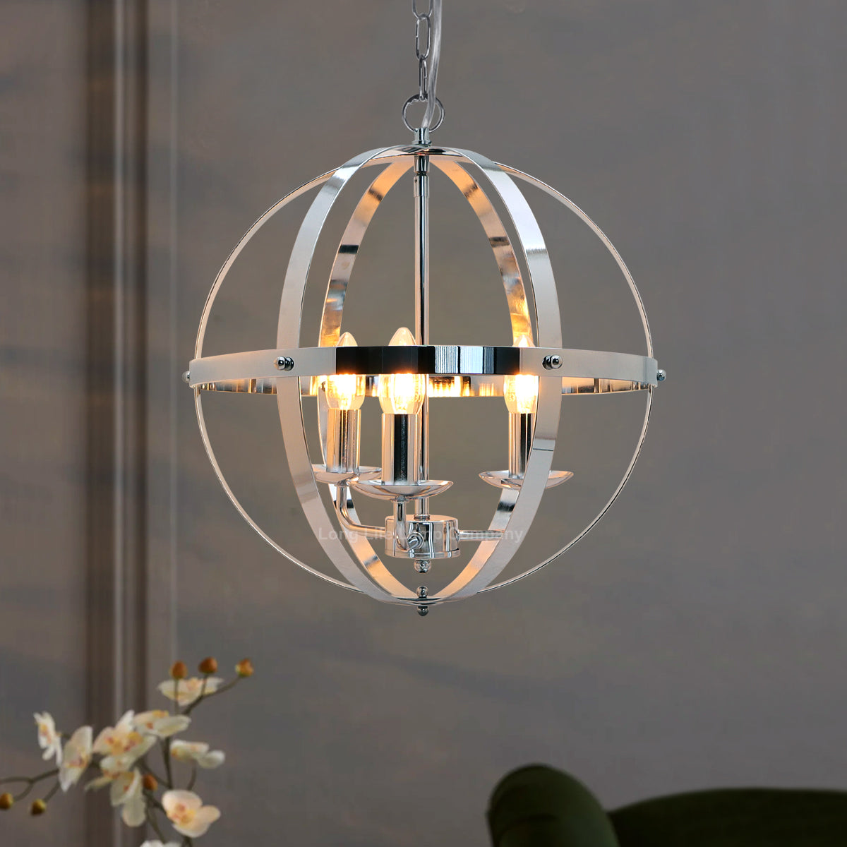 Industrial Ceiling 3 Light Globe Pendant Light Chrome Chained Lantern