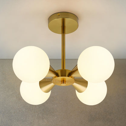 Antique Brass Ceiling Pendant Light with 4 Opal Globe Frosted Glass Lamp Shades