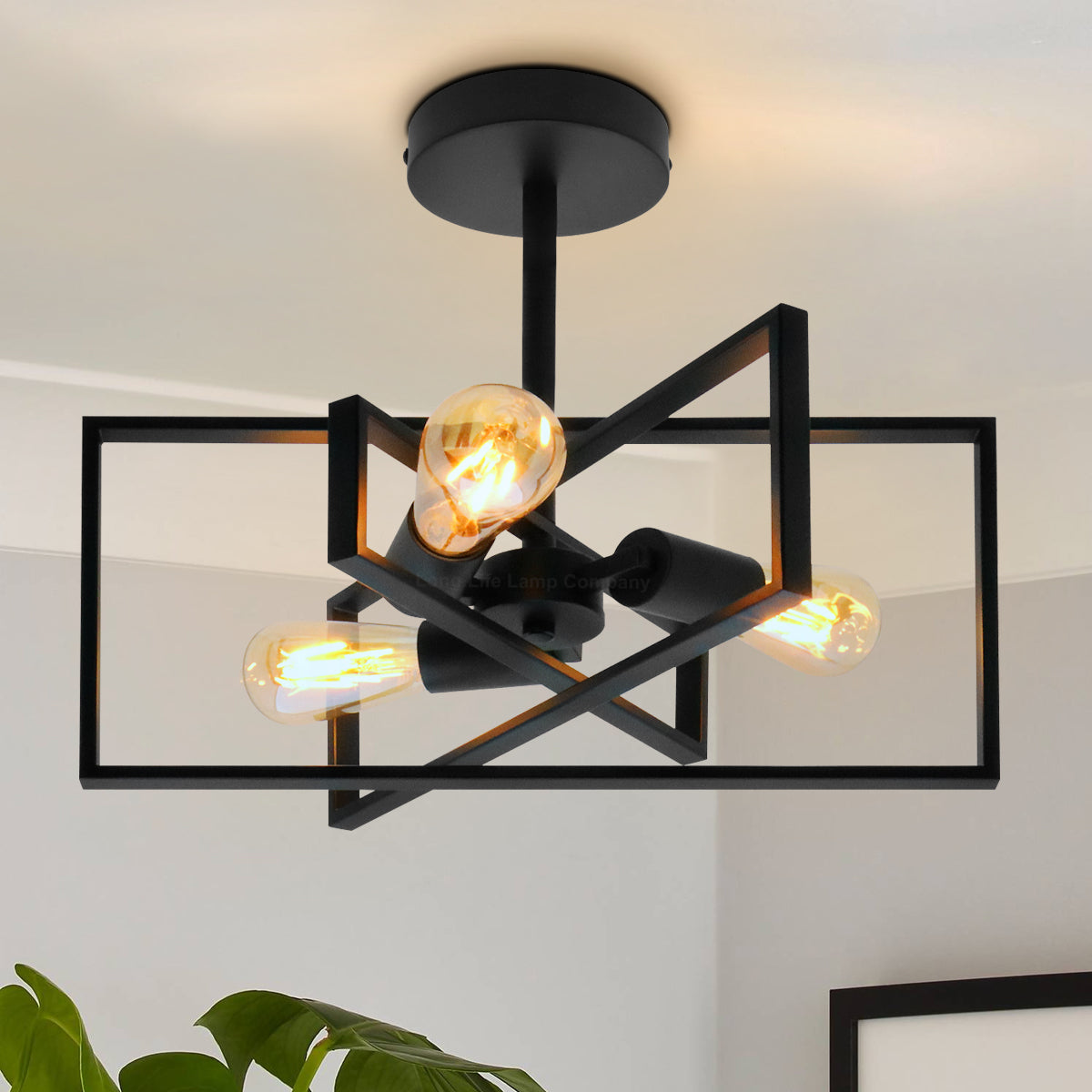 Modern Rectangular Black Ceiling Pendant Light 3 Light Semi Flush