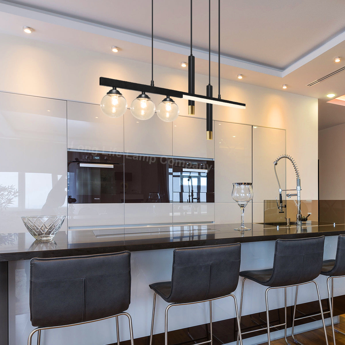 LED Bar 5 Light Black Ceiling Pendant Light Mini Glass Globes Slim Tubular