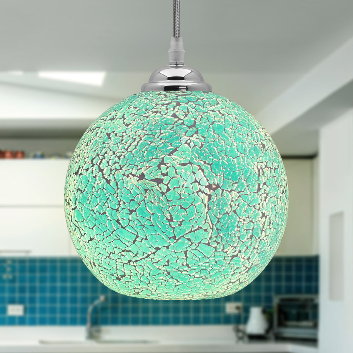 Vintage Ceiling Crackle Blue Mosaic Globe Glass Pendant Light
