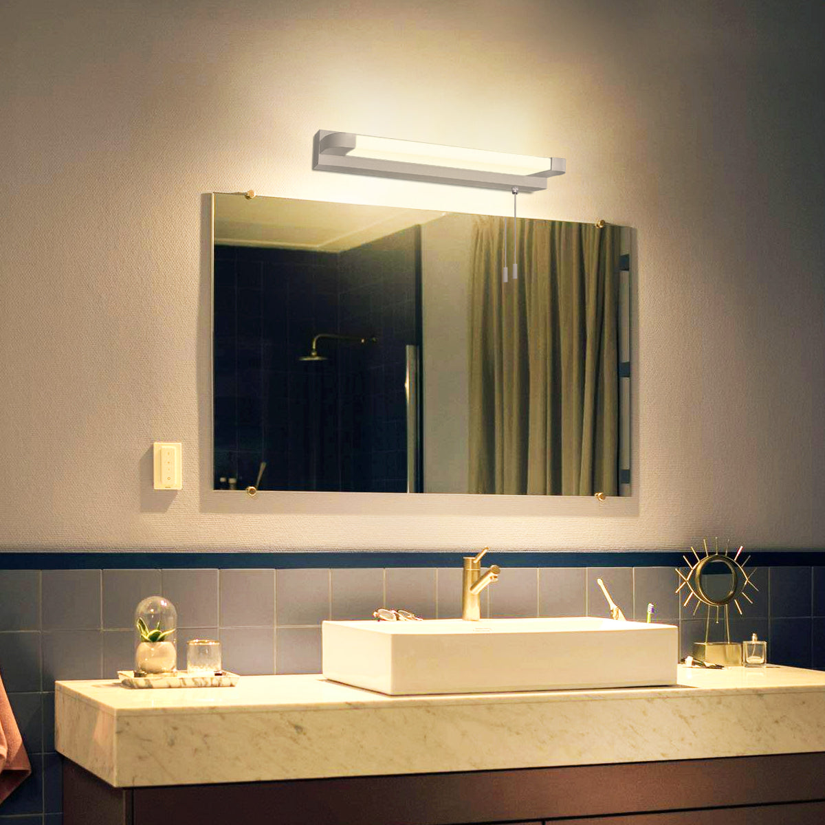 7w LED Bathroom Mirror Wall Light With Pull Cord Warm White 3000K IP44