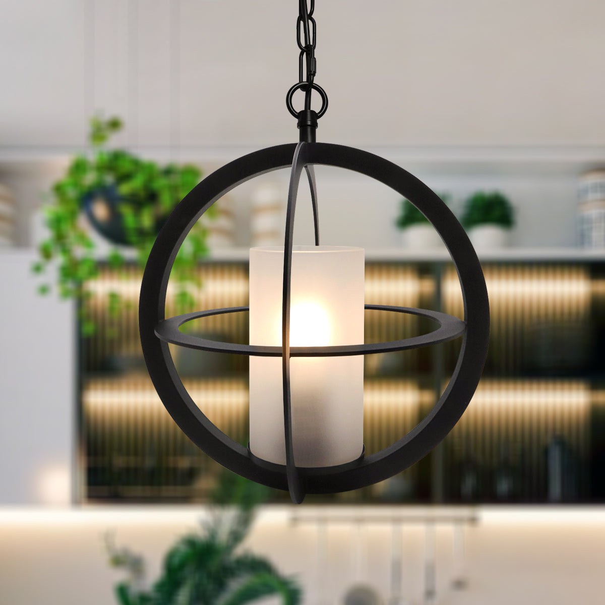 Industrial 3 Ring Ceiling Pendant Light Black Metal Chain Suspended Frosted Glass Lamp Shade