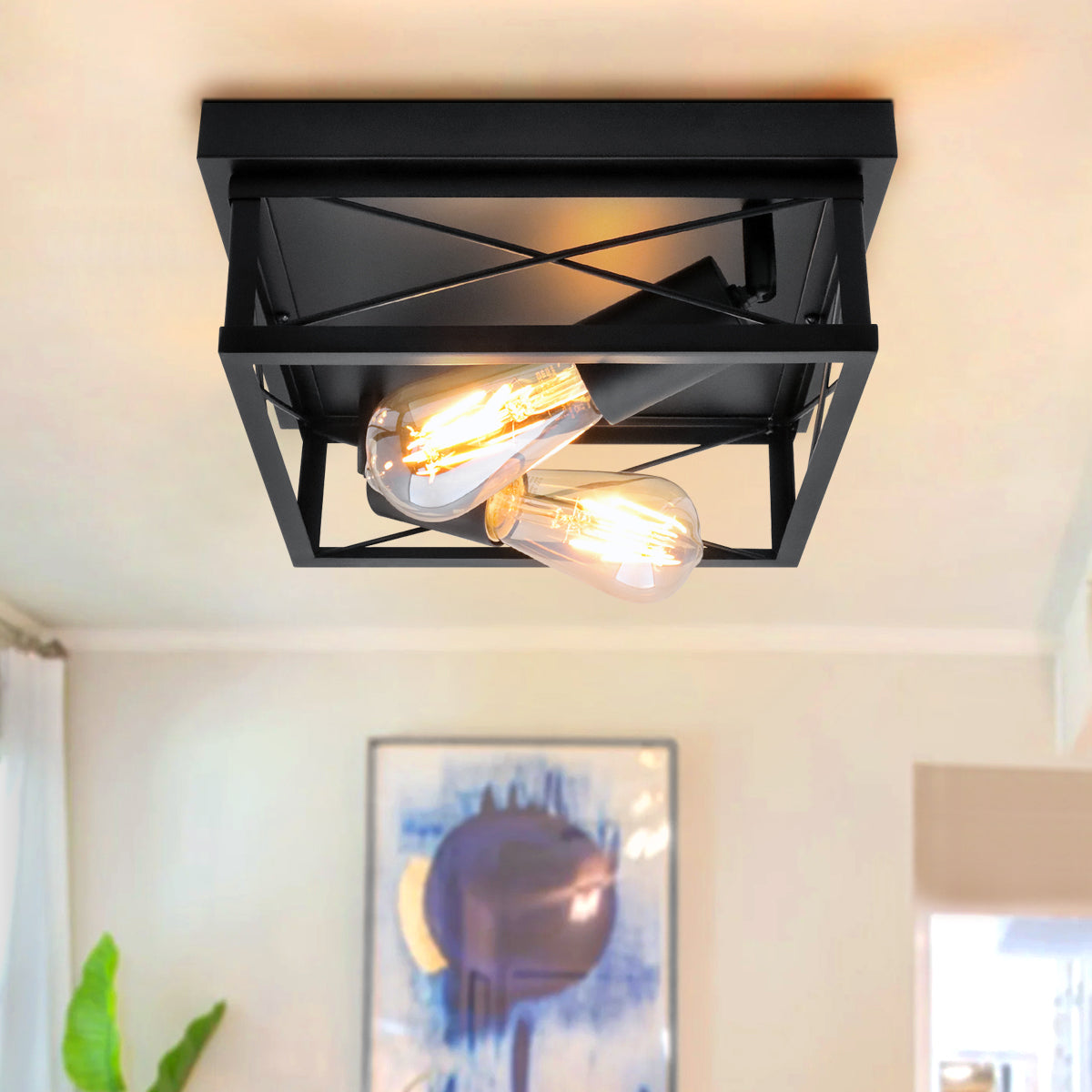 Industrial Black Ceiling Light Square 2 Light Box Lantern Flush Mounted