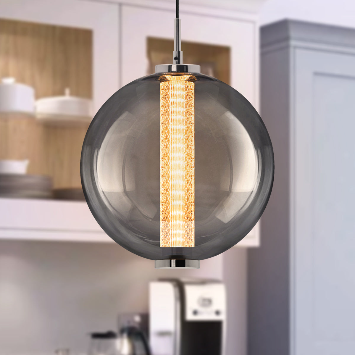 LED Globe Ceiling Pendant Light Smoked Grey Glass Lamp Shade Chrome Holder