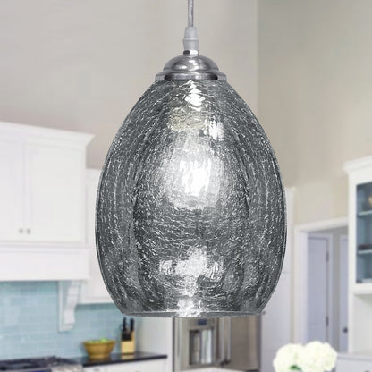 Retro Chrome Ceiling Pendant Light Fixture Grey Cracked Glass Oval Lamp shade