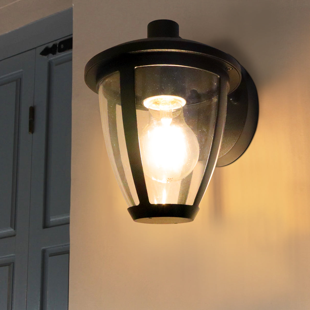 Outdoor Downward Wall Light Black Lantern Clear Diffuser IP44
