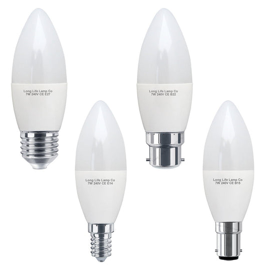 7W LED candle bulb with frosted cover emitting Cool White 6000K light