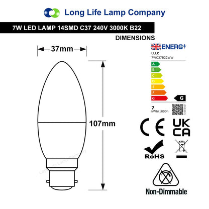 7w Frosted Cover LED Candle Warm White Equivalent to 60w - Free delivery on all orders