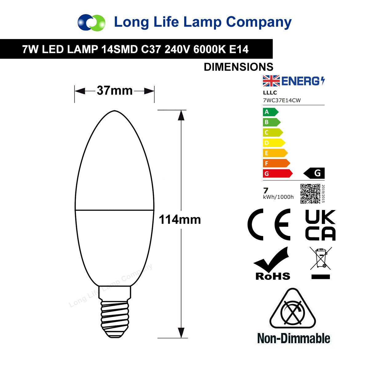 Frosted 7W LED candle light bulb equivalent to a 60W incandescent bulb