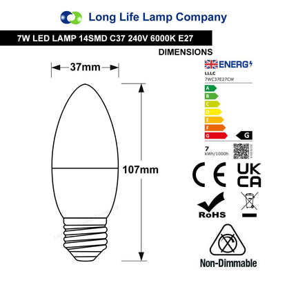 Energy-efficient 7W LED candle bulb with E27, B22, E14 and B15 fitting options