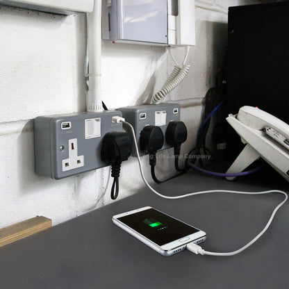 13A Metal Clad 2 Gang Socket with Dual USB Charger