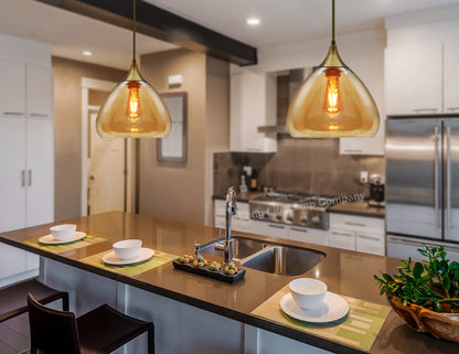 Modern Vintage Ceiling Hanging Brass Amber Glass Pendant Lamp Shade H3025