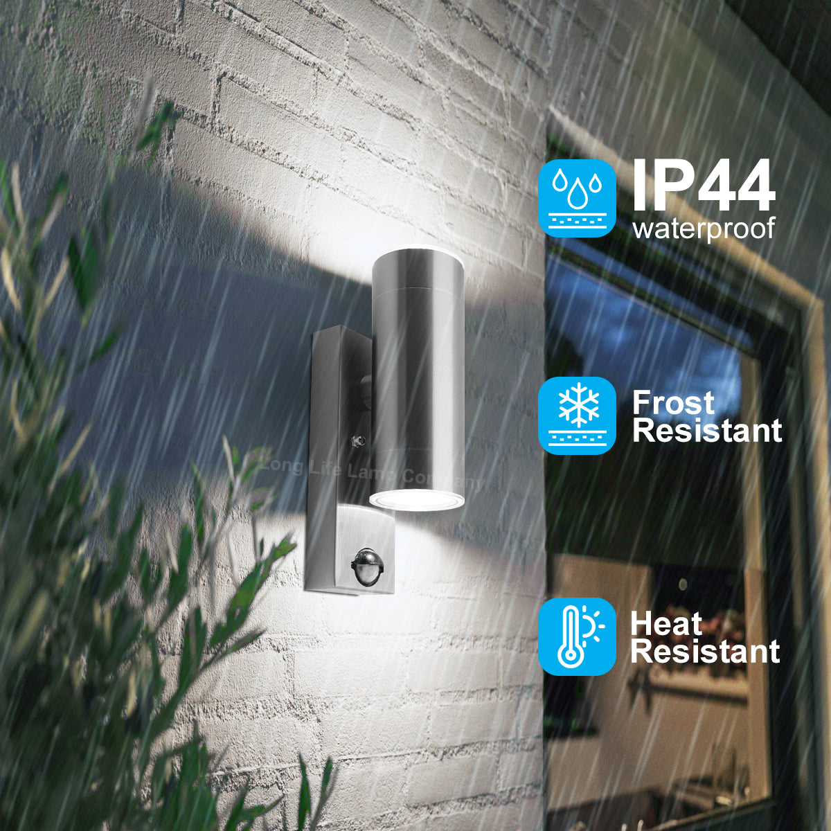 12W LED Double Outdoor Wall With PIR Movement Sensor Stainless Steel Cool White