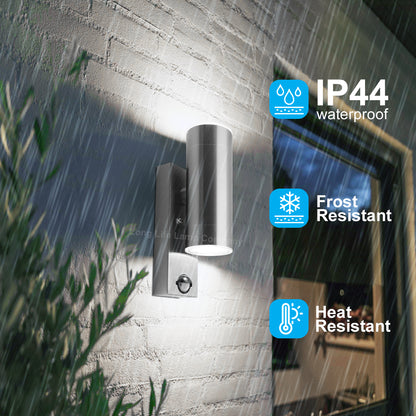 12W LED Double Outdoor Wall With PIR Movement Sensor Stainless Steel Cool White