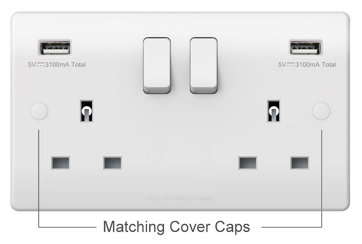 USB Double Wall Plug Socket 2 Gang 13A with 2 USB Charger Port Outlets White Socket Plate - Free delivery on all orders