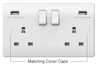 USB Double Wall Plug Socket 2 Gang 13A with 2 USB Charger Port Outlets White Socket Plate - Free delivery on all orders