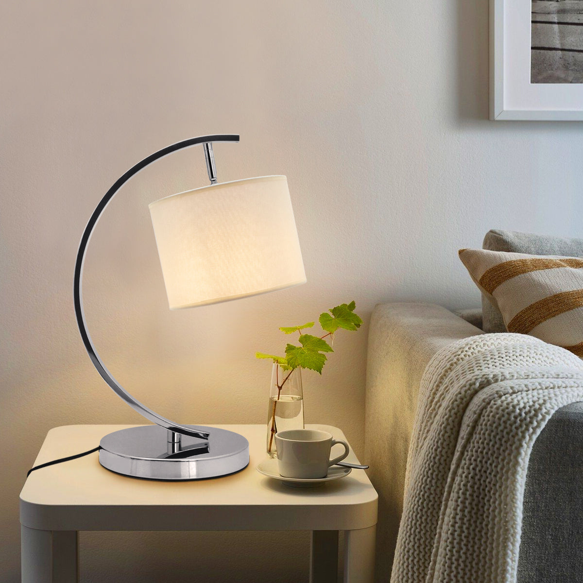 Modern Arched Chrome Table Lamp Fabric Lamp Shade Cream Drum T504