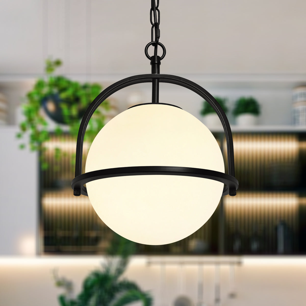 Industrial Nautical Ceiling Pendant Light Opal Globe Glass Black Chain Suspended