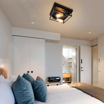 Industrial Black Ceiling Light Square 2 Light Box Lantern Flush Mounted