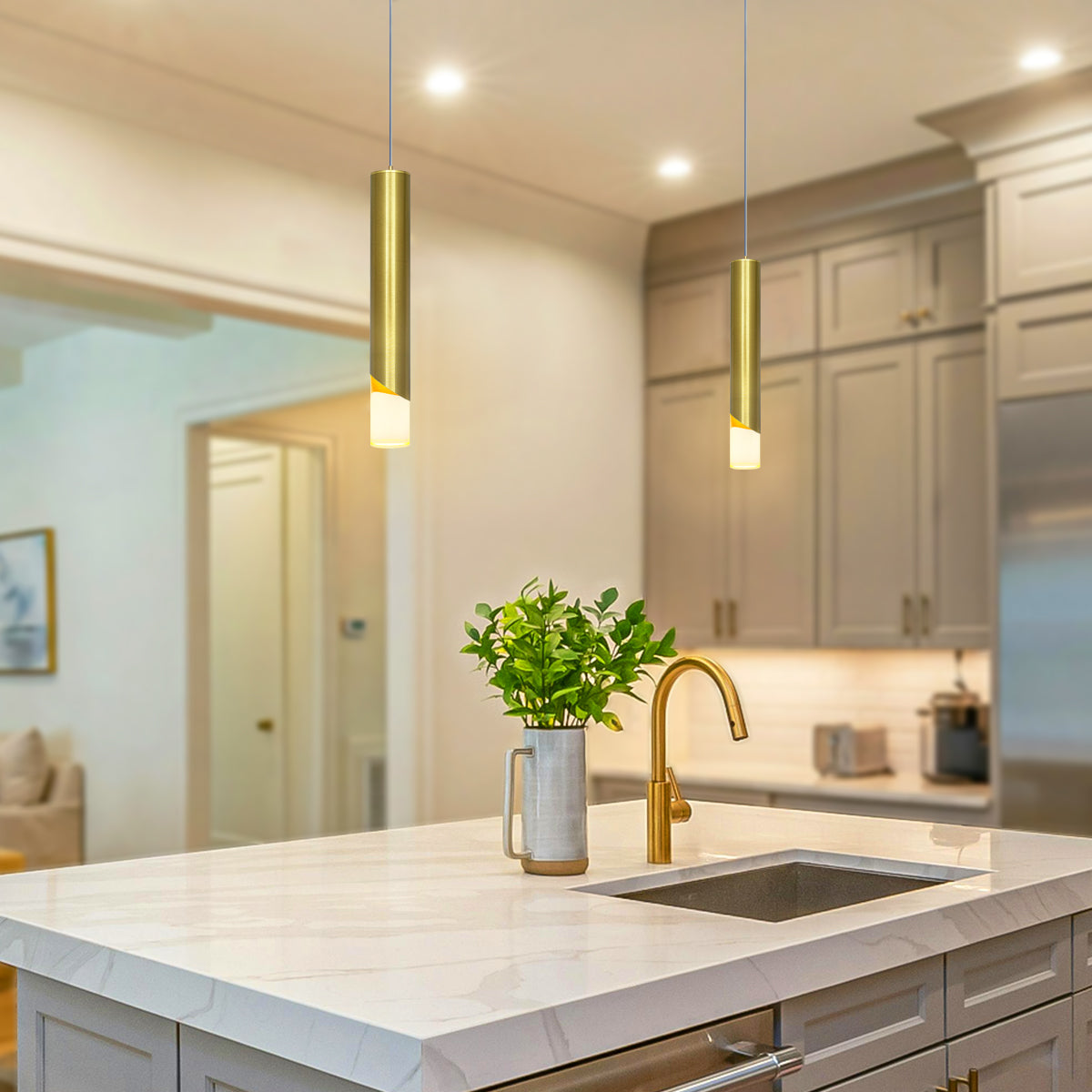 3W Modern Brushed Brass LED Ceiling Tube Pendant Light Warm White 3000K K451
