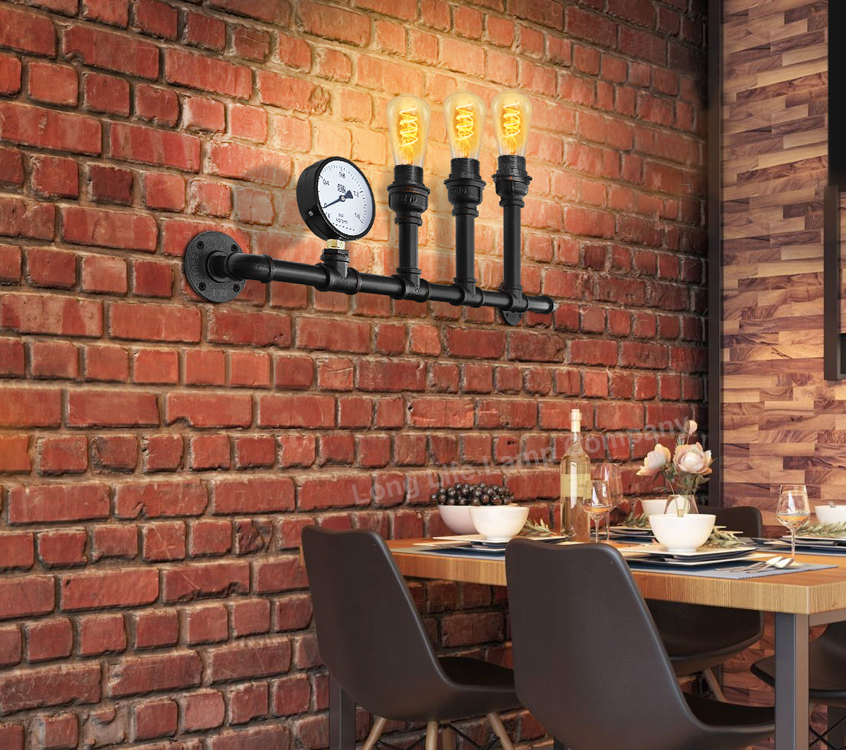 Vintage 3 Light Industrial Water Pipe Wall Lamp with Gauge - Free delivery on all orders