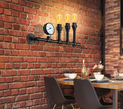 Vintage 3 Light Industrial Water Pipe Wall Lamp with Gauge - Free delivery on all orders