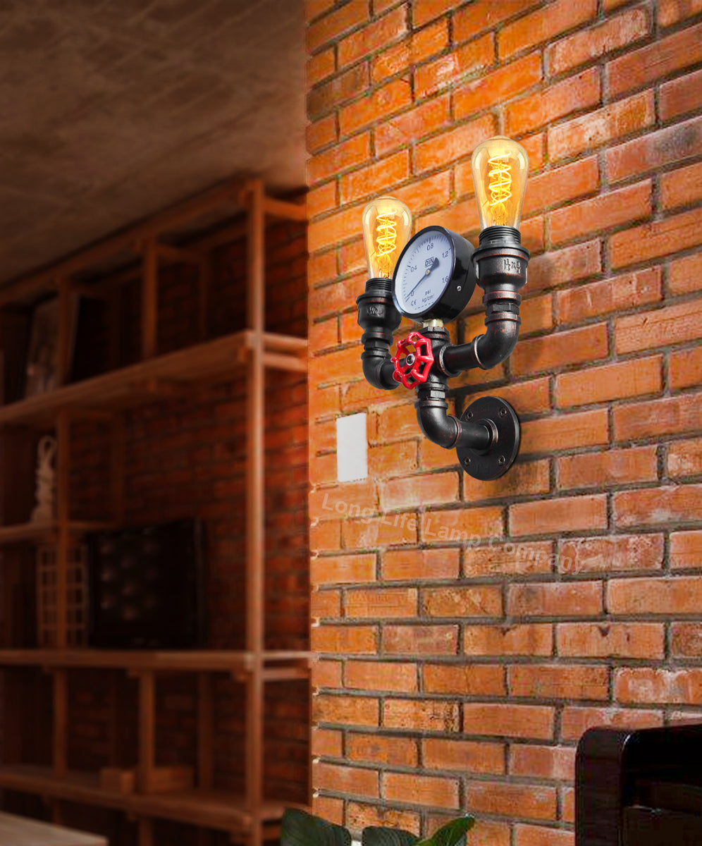 Twin Vintage Industrial Pipe Wall Light with Gauge Valve Tap M0190P - Free delivery on all orders