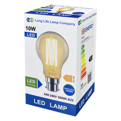 8W 10W 12W LED A60 Filament Light Bulb 3000K B22 Clear Glass 3 or 5 or 10 PACK