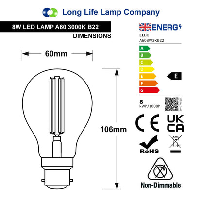 8W 10W 12W LED A60 Filament Light Bulb 3000K B22 Clear Glass 3 or 5 or 10 PACK