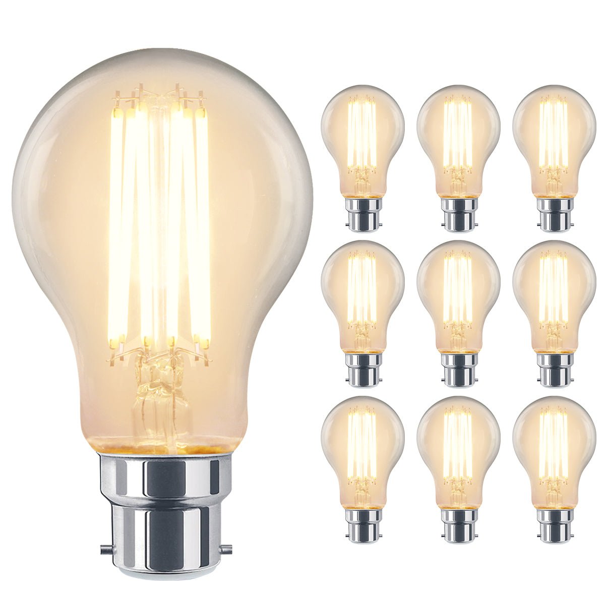 8W 10W 12W LED A60 Filament Light Bulb 3000K Dimmable B22 Clear Glass 3 or 5 or 10 PACK - Energy Light Bulbs - Free delivery on all orders
