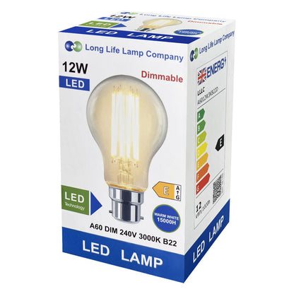 8W 10W 12W LED A60 Filament Light Bulb 3000K Dimmable B22 Clear Glass 3 or 5 or 10 PACK - Energy Light Bulbs - Free delivery on all orders