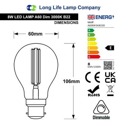8W 10W 12W LED A60 Filament Light Bulb 3000K Dimmable B22 Clear Glass 3 or 5 or 10 PACK - Energy Light Bulbs - Free delivery on all orders